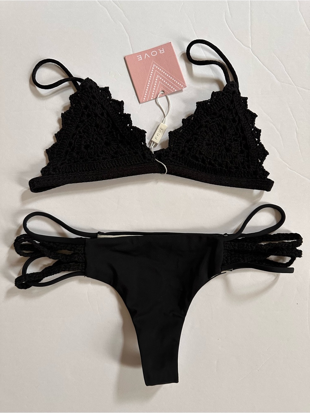 ROVE Black onyx Crochet Triangle Bikini top and braided strappy bottom